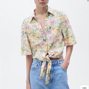 FLORAL LINEN SHIRT WITH KNOT DETAIL